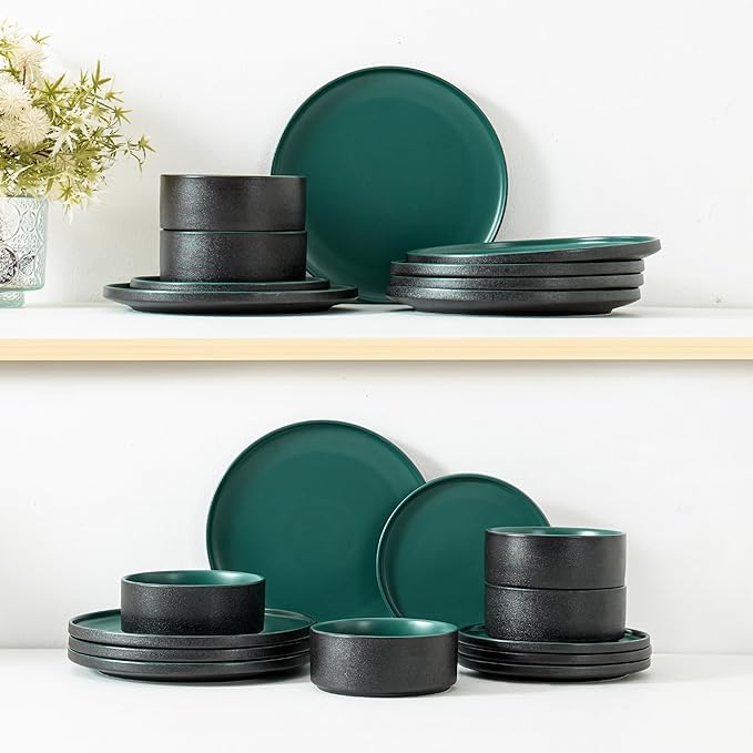 6 Piece Ceramic Dinnerware Set for 2, Modern Minimalist Stoneware Dinner Plates and Bowls, Microwave Safe, Dishwasher Safe, Versatile for All Seasons, Matte Green