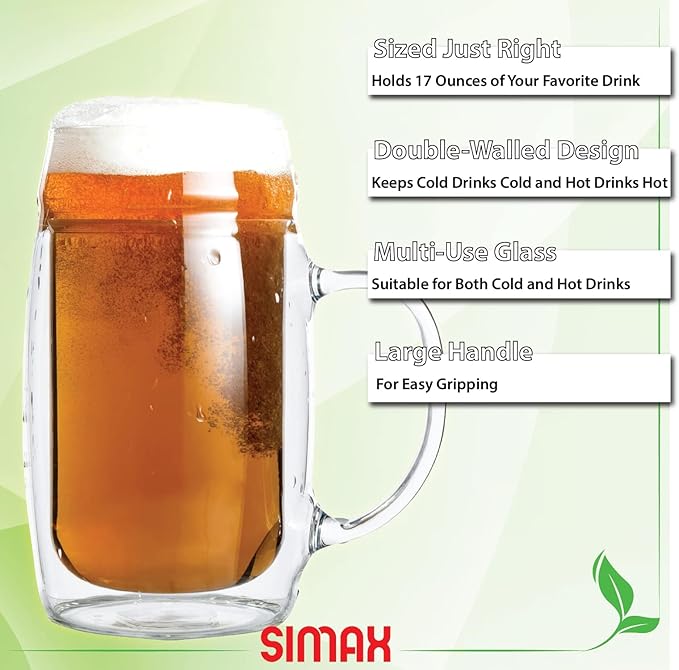 SIMAX Beer Mugs For Men, Set of 4 Double Walled Glass Beer Mug, Large Size 17 Ounce Freezable Beer Glasses, Pint Beer Mugs & Steins with Handles, Insulated Beer Glasses, Beer Mugs for Freezer