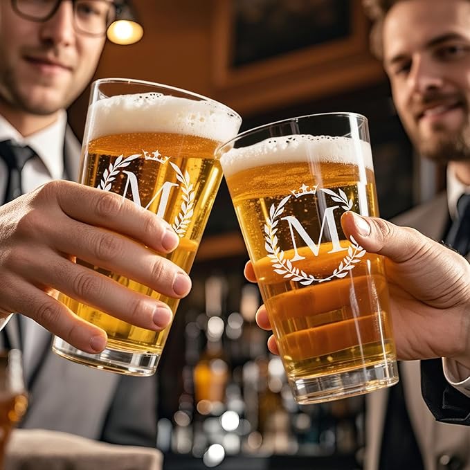 Personalized Beer Glasses Gifts for Men, 16 oz Pint Glasses Monogrammed A-Z Drinking Glass Cups Customized Gift, Unique Christmas Anniversary Birthday Gifts for Men Him Dad Brother Husband Grandpa (M)