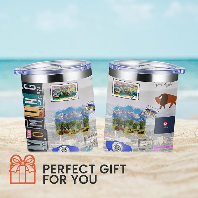 12oz Coffee Mug Wyoming State Insulated Coffee Cups, United States Map Travel Mug Landmark, Birthday Gifts Cute Mugs with Lid and Straw Gifts for Mom