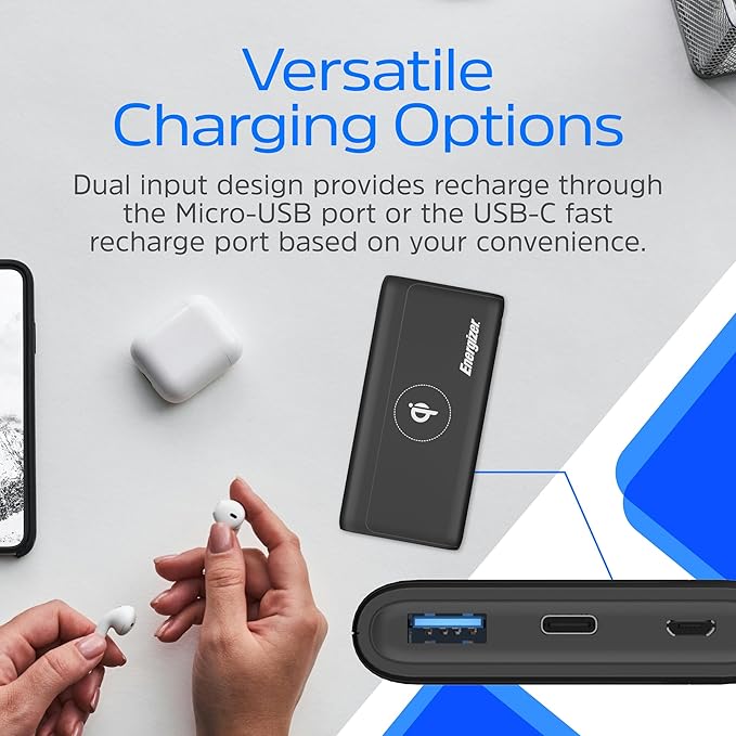 Energizer 10,000mAh Wireless Portable Charger Qi-Certified, 18W USB C Fast Charging PD 3.0 Power Bank for iPhone 16/15/14/13/12 Series, Samsung, Android Devices_QE10011PQ