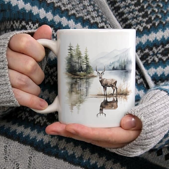 Coffee Mugs Deer Pattern Ceramic Latte Mug with Handle 11 OZ for Men Women for Latte Cappuccino Cocoa Milk Dishwasher & Microwave Safe