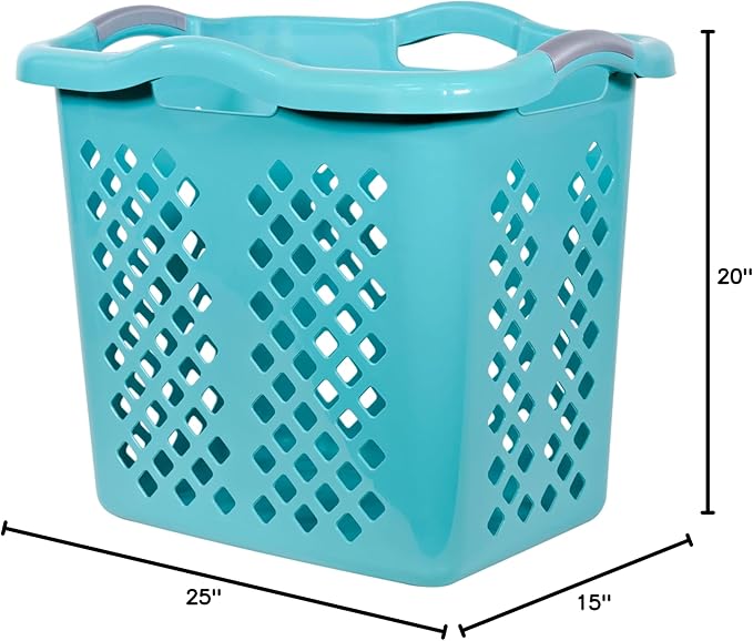 2 Pack Ultra Easy Carry Plastic Laundry Hamper, 2 Bushel Laundry Basket with Silver Handles for Home, Apartment, or Dorm Room, Blue