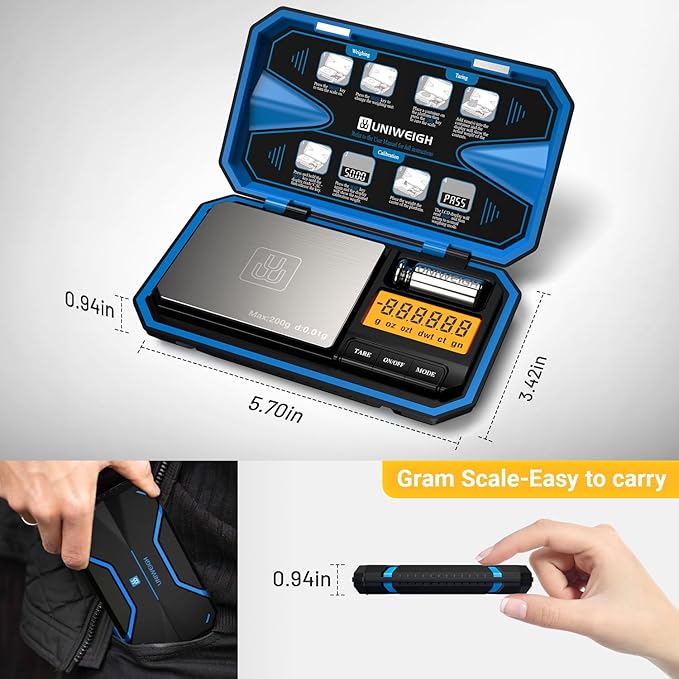 Digital Pocket Scale 200g/0.01g, Digital Gram Scale, Mini Jewelry Scales Digital Weight Grams with 50g Cal Weights for Food,Jewelry,Coins,Small Items,Coffee (Battery Included)-Blue
