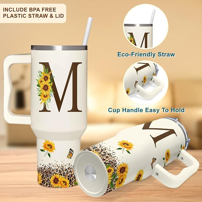 Personalized Birthday Gifts For Women - Sunflowers Monogrammed Cup For Boss Day, Christmas - Customized Gifts For Women, Mom, Wife, Coworkers, Boss Lady, Her - Custom Tumbler With Handle 40oz