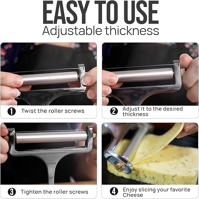 Zulay Kitchen Stainless Steel Wire Cheese Slicer - Adjustable Hand Held Cheese Cutter with 2 Extra Wires - Premium Cheese Shaver For Mozzarella, Cheddar, Gruyere - Cheese Cutter with Wire (Gunmetal)