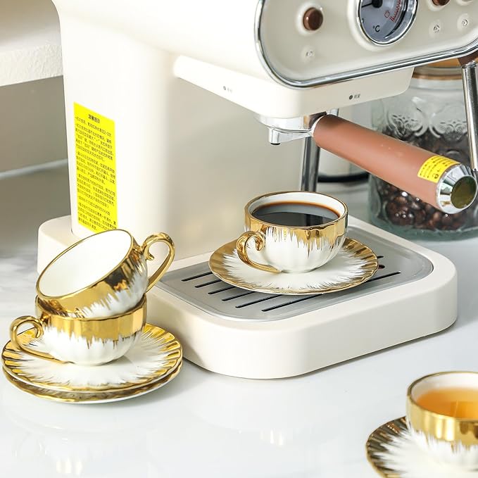 LETAOTAO Espresso Cups and Saucers, 2.5 oz Porcelain Espresso Cups Set of 6, Ceramic Coffee Cups with Gold Trim, Espresso Mugs, Mini Demitasse Cups with Handle for Single Espresso, White