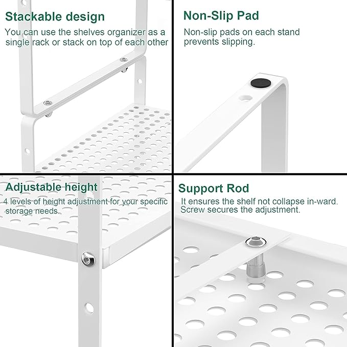 iPEGTOP 2 Pack Large Expandable Cabinet Storage Shelf, Heavy Duty Stackable Steel Metal Spice Rack Adjustable Height Home Office Pantry Garage Shelves for Counter Kitchen Organization, White