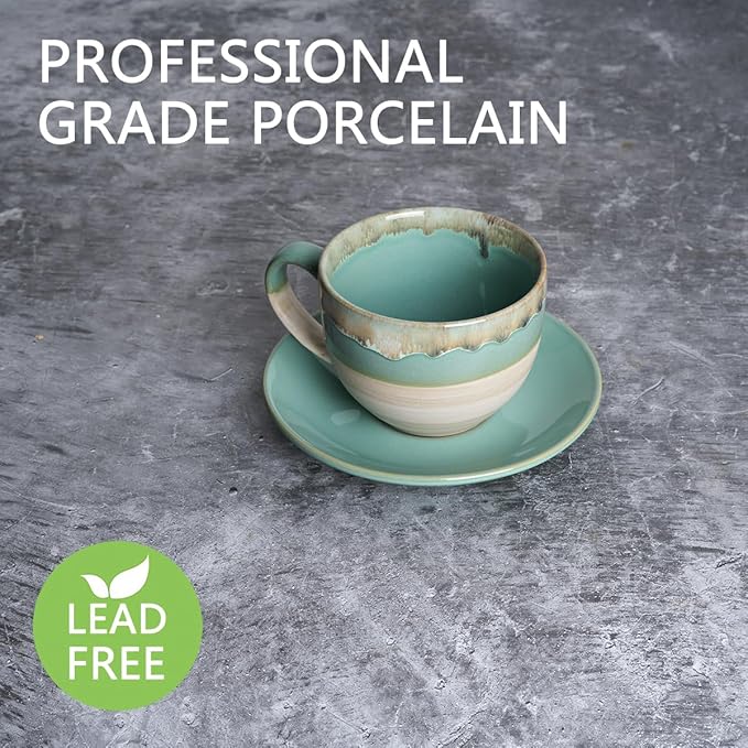 Bosmarlin Ceramic Cappuccino Cup and Saucer Set of 2, 10 Oz, Coffee Cups for Latte, Espresso, Tea, Dishwasher and Microwave Safe, Reavtive Glaze (Green)