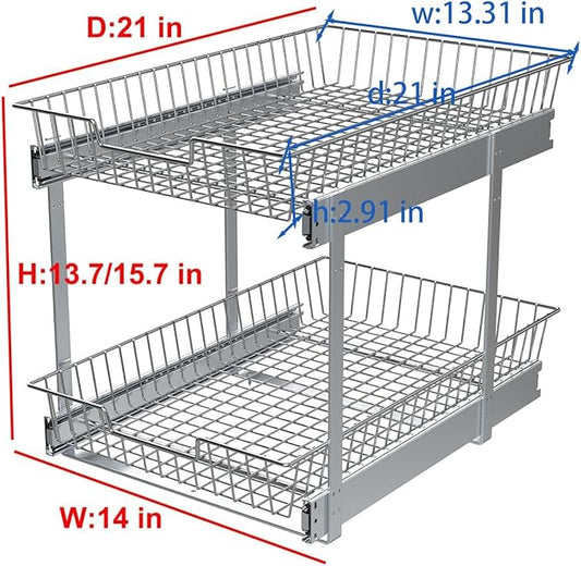 2 Tier Individual Pull Out Cabinet Organizer 14"W x 21" D, Cabinet Pull Out Shelves Slide Out Kitchen Storage Sliding Shelves for Cabinet-Organization in Kitchen, Chrome