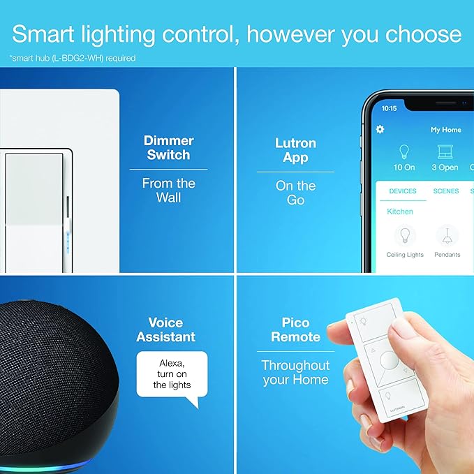 Lutron Diva Smart Dimmer Light Switch with Wallplate for Caseta Lighting (Lutron Smart Hub Required), for LED Lights, 150W, Single-Pole/3-Way, No Neutral, White (DVRFW-6L-WH-A)