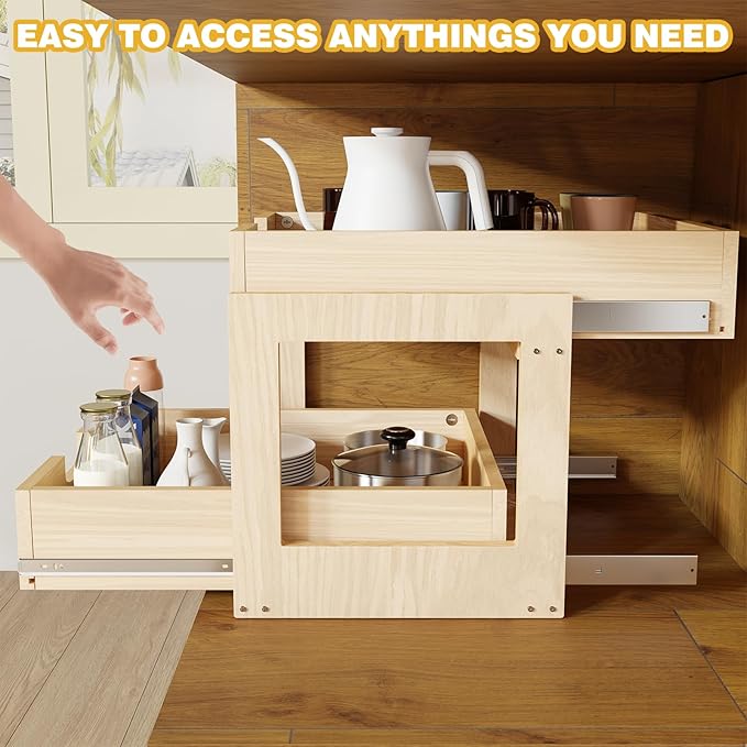 Pull Out Cabinet Organizer, 23''W×21''D×16''H Soft Close Slide Out Wooden Pull out Drawers, Double Tier Slide out Wood Cabinet Organizer, for Base Cabinet Organization in Kitchen, Pantry, Bathroom
