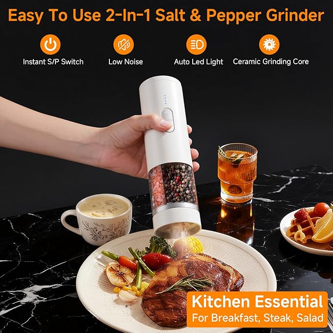 Electric Salt and Pepper Grinder Set Shakers 2 IN 1-Rechargeable Automatic Pepper Mill,with LED Lighting,Adjustable Grinder,Large Capacity-Ideal for Kitchen,BBQ,Ideal Kitchen Gifts (White)