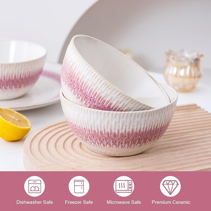 Dinnerware Set Pink Stoneware 12 Pieces Service for 4, Stoneware Plates and Bowls Set, Dishwasher Microwave Safe Dishes set