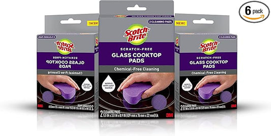 Scotch-Brite Glass Cooktop Pads, Scratch-Free & Non-Abrasive Scrubbers for Glass or Ceramic Stovetops, Cleans Burnt-On Messes with Just Water, Reusable Dishwasher-Safe Design (6 Pads)