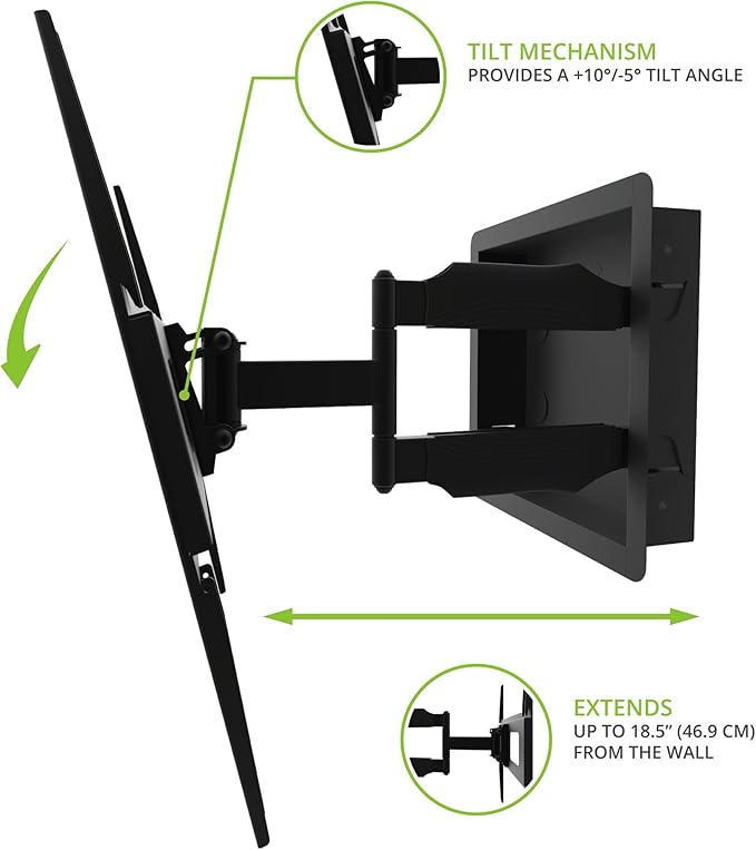 Kanto R300 Recessed In-Wall Full Motion Articulating TV Mount for 32-inch to 55-inch TVs | Ultra Low Profile | Swivel and Tilt Capable | Cable Management for Clean Setup | Black