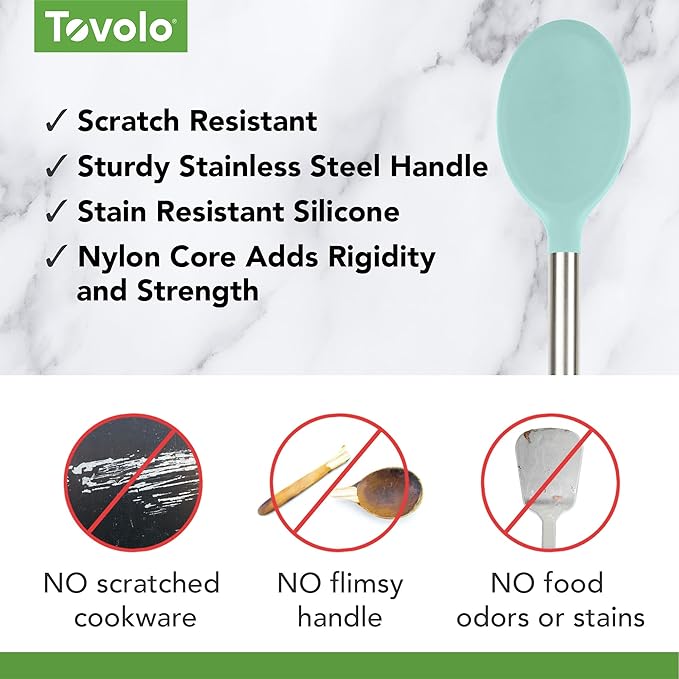 Tovolo Mixing Spoon Stainless Steel Handle Scratch Resistant Non Stick Safe Kitchen Utensil for Cooking Baking Serving Stirring, Heat Resistant Silicone Spoon with Metal Handle Aqua Seafoam Green