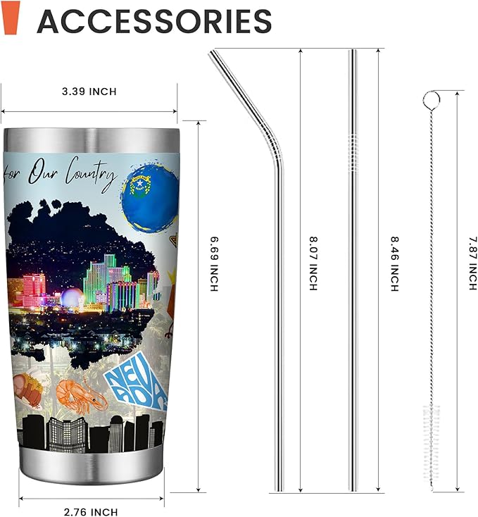 20oz Insulated Tumbler Nevada State Coffee Mug, United States Map Travel Mug Landmark, Birthday Gifts Cute Custom Tumbler Cups with Lid and Straw Gifts for Mom