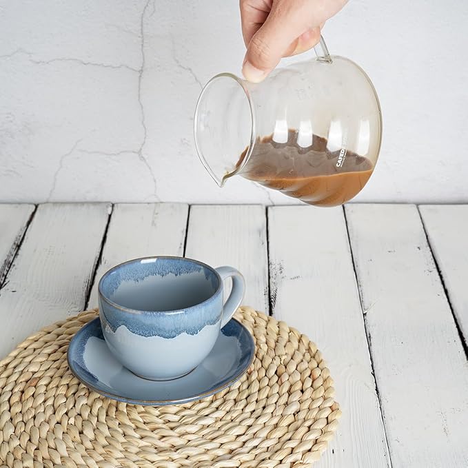 Bosmarlin Ceramic Cappuccino Cup and Saucer Set of 2, 10 Oz, Coffee Cups for Latte, Espresso, Tea, Dishwasher and Microwave Safe, Reavtive Glaze (Blue)