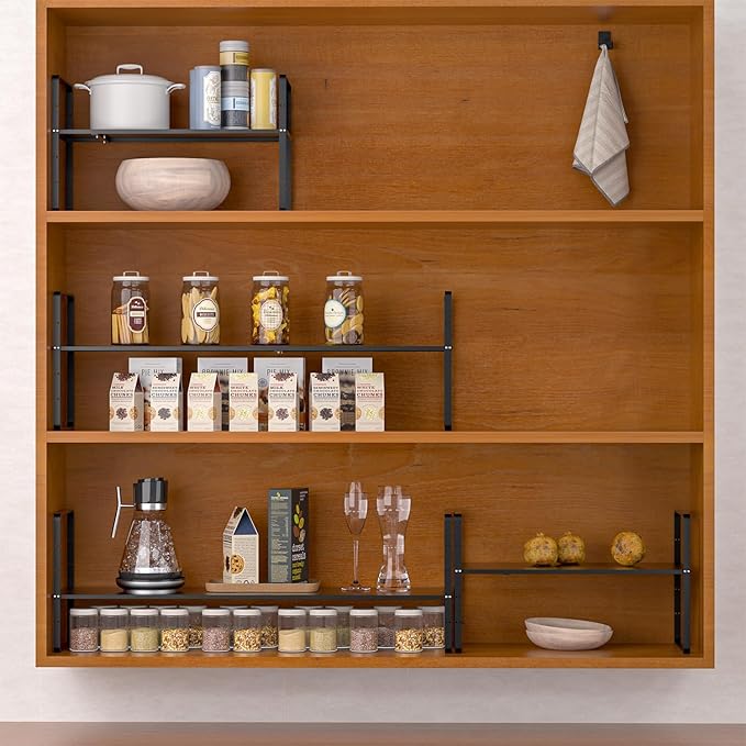 Redrubbit Expandable Cabinet Shelf Organizers, Stackable Kitchen Counter Shelves Spice Rack for Kitchen Bathroom Pantry Cupboard Desk Home Office, Metal Plate Heavy Duty Nonslip Black