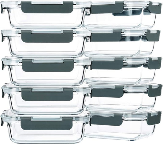 M MCIRCO 10-Pack,22 Oz Glass Meal Prep Containers,Glass Food Storage Containers with lids,Lunch Containers,Microwave, Oven, Freezer and Dishwasher (Gray)