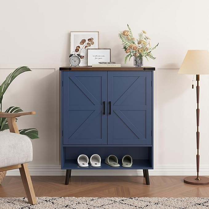 Vabches Farmhouse Shoe Storage Cabinet with Doors, 5 Tier Small Shoe Cabinet with Adjustable Shelves and Metal Legs, 34" Tall Shoe Rack Organizer for Entryway, Foyer, Navy Blue