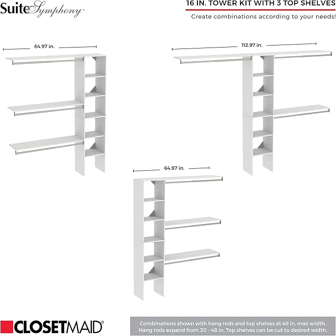 ClosetMaid SuiteSymphony Wood Closet Organizer Kit with Tower 3 Hang Rods, Top Shelves, 2 Drawers, Adjustable, Fits Spaces 5-9 ft. Wide, Graphite Grey