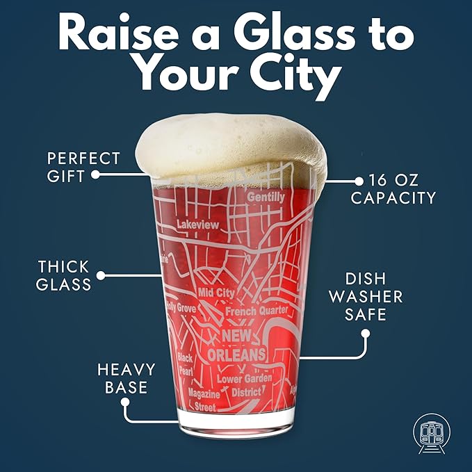 Greenline Goods – New Orleans, LA Map Pint Beer Glasses (Set of 2), 16 oz – Etched Wrap Design