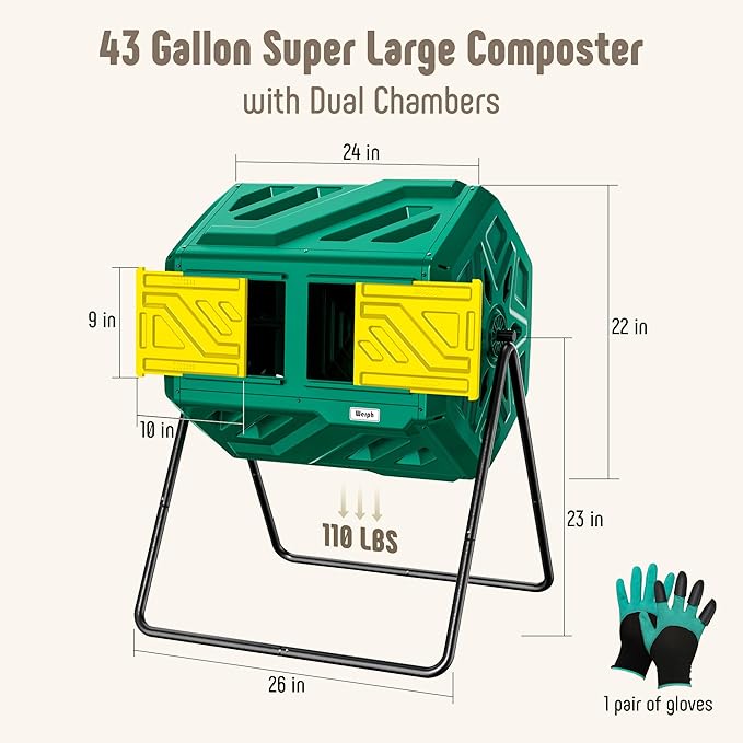 43 Gallon Compost Bin with Gloves, Fast Assembly & Easy Setup Outdoor Compost Tumbler, Updated Dual Chamber Tumbling Composter for for Garden, Kitchen, and Yard Waste, Green