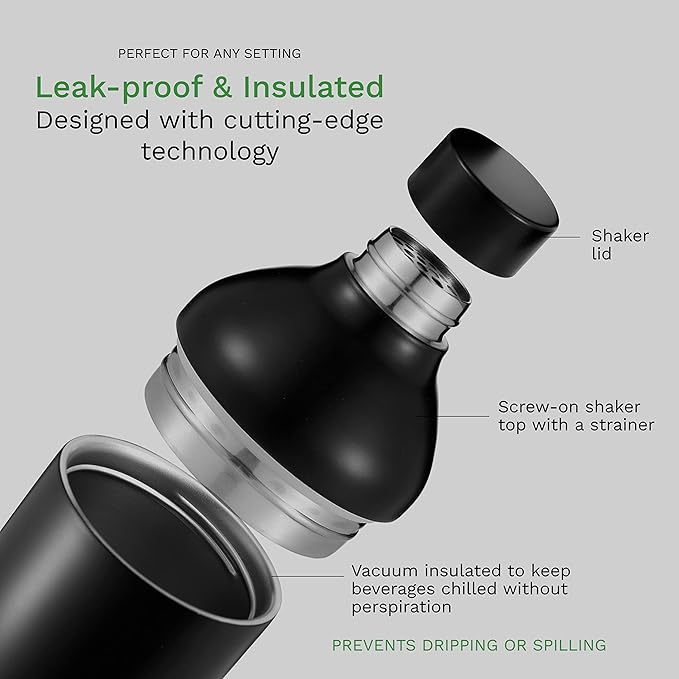 The Mixologer Cocktail Shaker & Tumbler | 19 oz Stainless Steel Drink Mixer with Built-in Measurements, Leak-Proof Design & Vacuum Insulation | Ideal to Mix Whiskey, Cocktails & More | Matte Black
