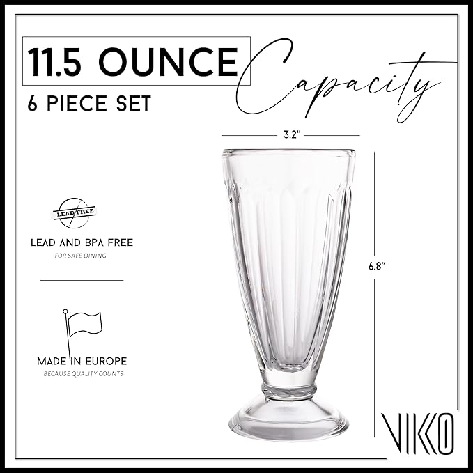 Vikko Milkshake Glasses, Set of 6 Footed Ice Cream Cups, 11.5 Ounce Milkshake Cups, Thick and Durable Dessert Cups Glass, Ice Cream Bowls, Sundae Glasses