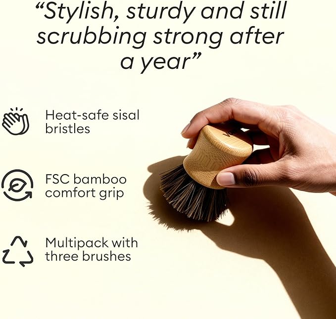 Vove Cleaning Essentials Set – Bamboo Dish Brush with Replacement Head, 2 Scrub Brushes, 2 Scrub Sponges – FSC Certified, Plastic-Free, Natural Bristles & Loofah – Eco-Friendly Kitchen Cleaning Kit