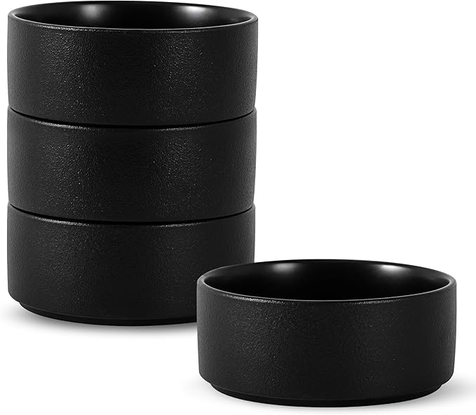 Stoneware Cereal Bowls Set of 4, 6 Inch Deep Bowl for Oatmeal, Soup, Ceramic Bowls Sets, Microwave Safe, Dishwasher Safe, Versatile for All Seasons, Matte Black
