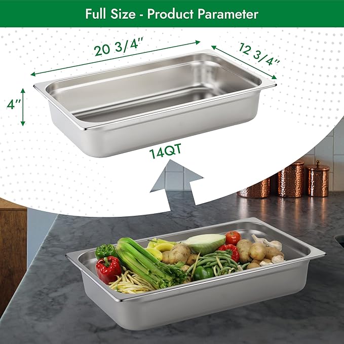 HECMAC 6 Pack Anti-Jam Hotel Pans, Full Size 4 Inch Deep, Heavy Duty, Commercial Stainless Steel Chafing Steam Table Pan, Catering Storage Metal Food Pan, 23 Gauge
