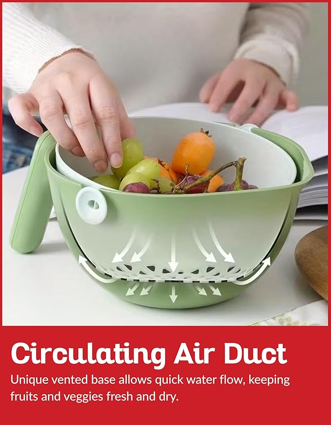 Multi Functional Draining Basket – Double Layer Colander & Bowl for, Fruits & Vegetables – Durable BPA-Free, Dishwasher Safe (Avocado Green)