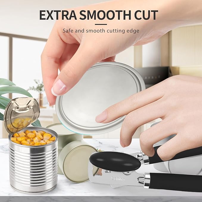 Can Opener Manual, Heavy Duty Stainless Steel Smooth Edge Can Opener With Soft Touch Handle, Oversized Handheld Easy Turn Knob, Multi-Function Bottle Opener, Black