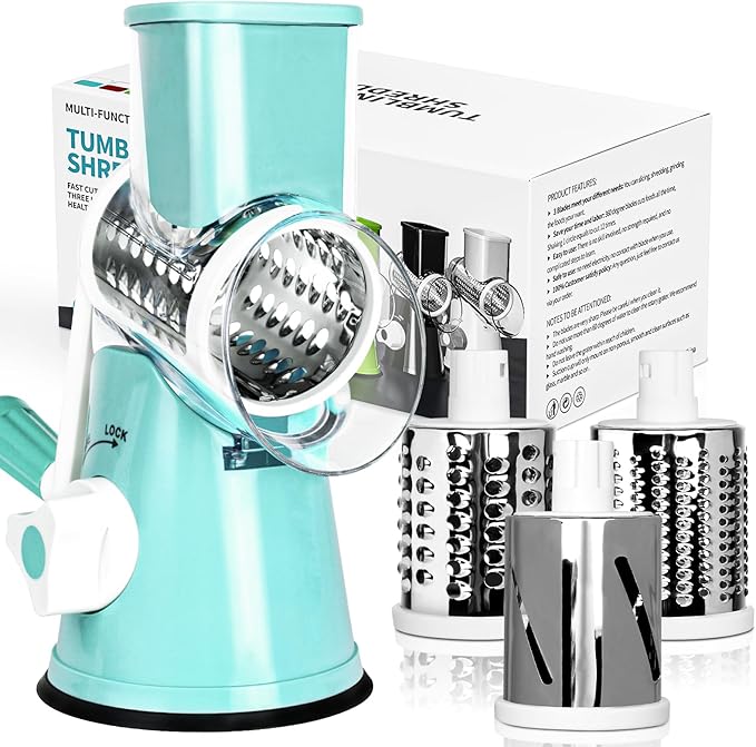 X Home Rotary Cheese Grater for Kitchen, Shredder with 3 Interchangeable Blades, Rotary Grater with Handle and Strong Suction Base, for Vegetables, Fruit, Nuts, Easy to Use and Clean, Blue