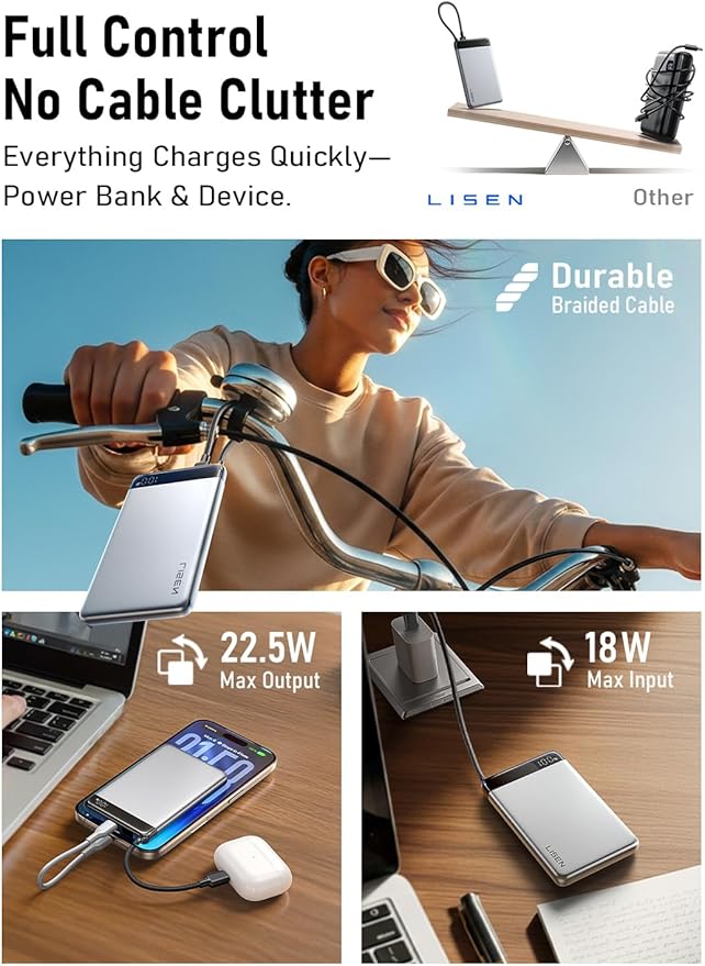 LISEN 10000mAh USB C Portable Charger Power Bank with Built in Cable, CCC Certified Power Bank Fast Charging 22.5W, Portable Phone Charger USBC Portable Charger iPhone 17/16/15 Pro Max Samsung S25/S24