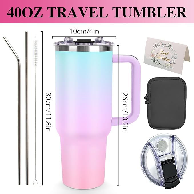 Personalized 40oz Tumbler with Handle, Custom Insulated Tumblers with Pictures Logo, Stainless Steel Travel Coffee Mug, Personalized Gifts for Women Men Birthday Fathers Day Mothers Day (4 PHOTOES)