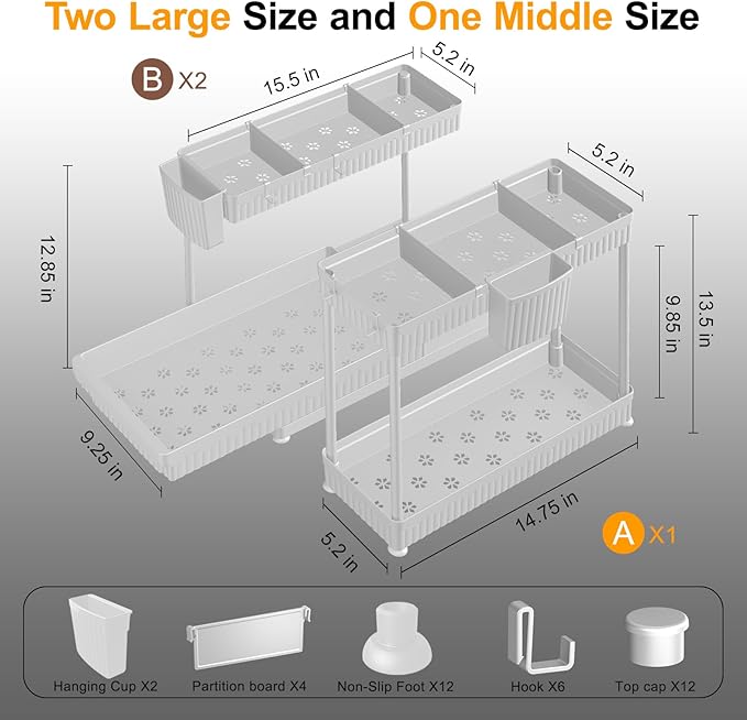 3 Pack Multi-Purpose Under Sink Organizers and Storage, 2025 L-Shaped Pull Out Cabinet Organizer for Bathroom & Kitchen, Under Cabinet Organizer with Hooks Hanging Cup, White