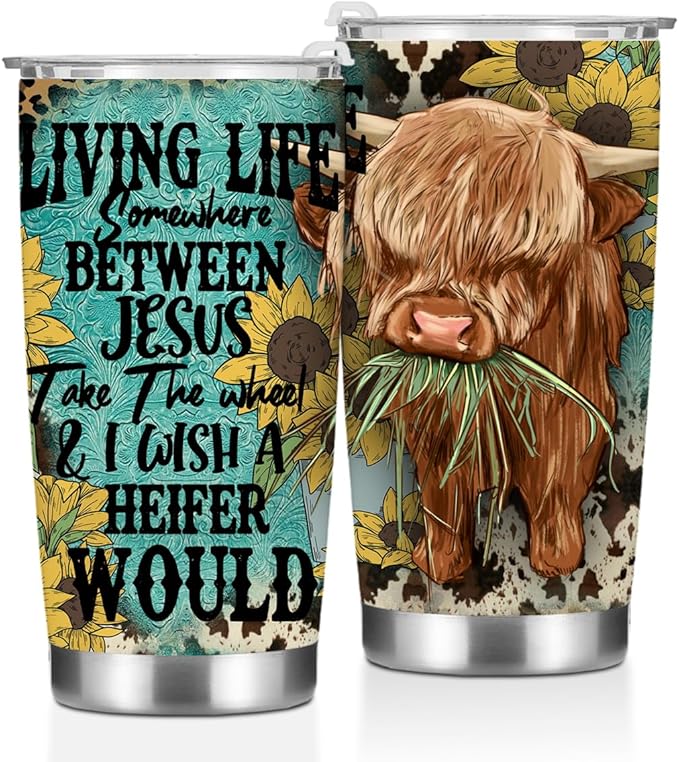 Cow Print Stuff Tumbler, Inspirational Western Decor Sunflower Gifts for Women Men Friends Cow Lovers Birthday Christmas, Christian Coffee Mug Stainless Steel Vacuum Insulated Travel Cup with Lid 20oz