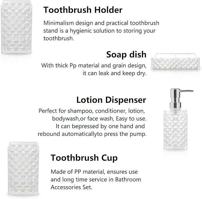 Bathroom Accessories Set 4-Piece Plastic Gift Set with Toothbrush Holder, Toothbrush Cup, Soap Dispenser, Soap Dish(Clear)