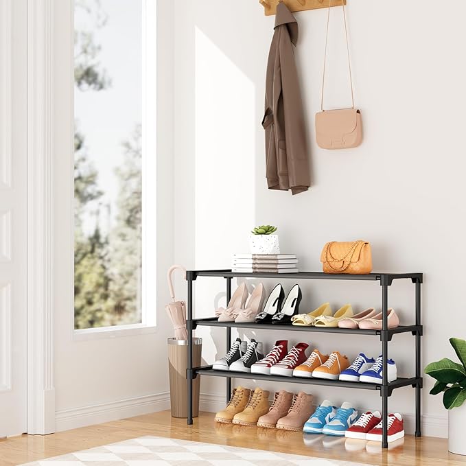 34" Widening Design Shoe Rack for Closet 16 Pairs Small Spaces Non-Woven 3 Tier Shoe Organizer Stackable Metal Shoe Shelf for Entryway, Bedroom