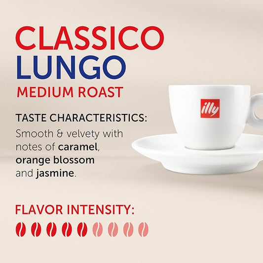 Illy Espresso Compatible Capsules - Single-Serve Coffee Capsules & Pods - Classico Lungo Roast - Notes Of Caramel, Orange Blossom & Jasmine Coffee Pods - For Nespresso Coffee Machines – 10 Count