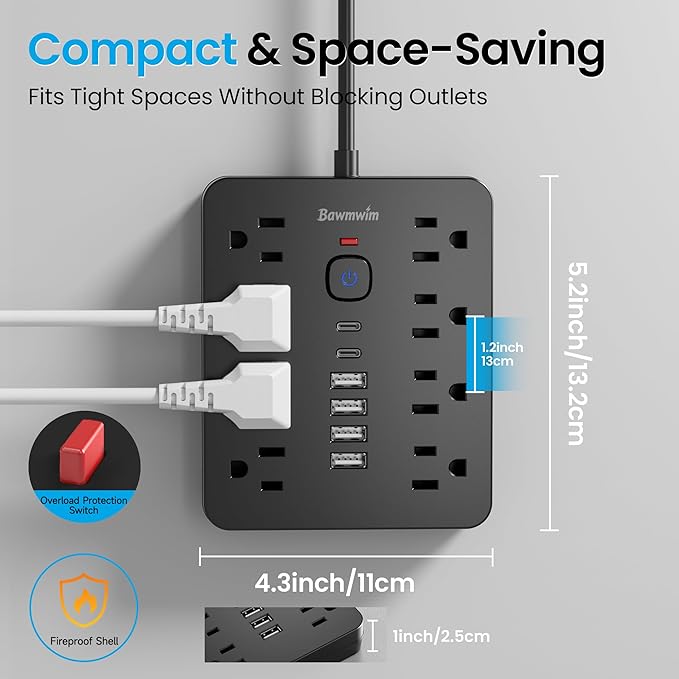 Surge Protector Power Strip, 8 Outlets(1250W/10A), 6 USB Charging Ports(2 USB C), 6FT Flat Plug Extension Cord Outlet Extender with Overload Protection, ETL Certified for Office, Dorm Room