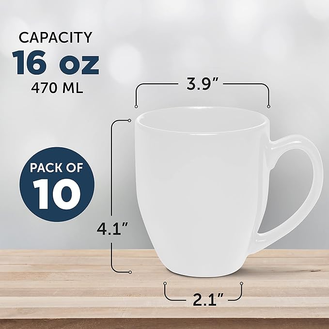 DISCOUNT PROMOS Large Coffee Cups 16 oz. Set of 10, Bulk Pack - Perfect for Tea, Espresso, Cappuccino, Hot Cocoa - White