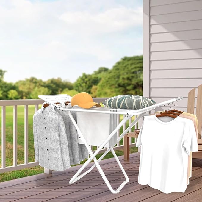 Diydeg Clothes Drying Rack, Foldable Portable Laundry Drying Rack with Height Adjustable Wings, Space Saving Heavy Duty Metal Clothes Hanger for Indoor Outdoor Use, Laundry Room