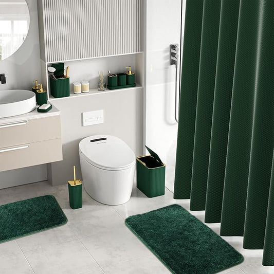 Bathroom Accessory Set - Bathroom Set, 27PC Bathroom Accessories Set, Dark Green Bathroom Sets with Shower Curtain and Rugs, Mini Trash Can, Toilet Brush, Trash Can & Soap Dispenser