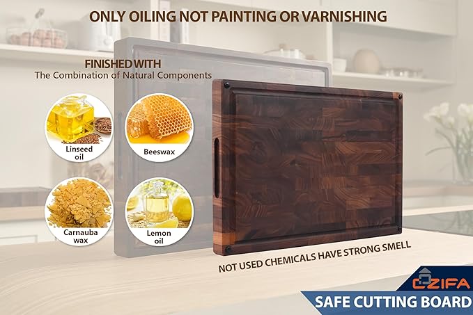 American Dark Walnut Wood Cutting Board 17"x12"x1.6" for Kitchen with Juice Groove, Inner Handles, Gift Box Packaging and End Grain Butcher Block Finished with Linseed Oil, Beeswax & Lemon Oil