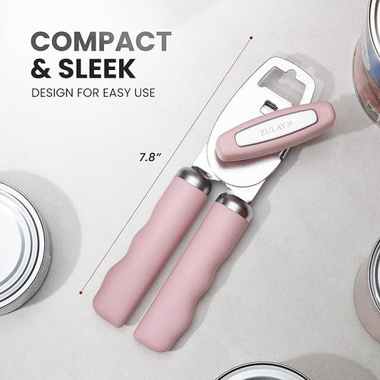 Zulay Kitchen Heavy Duty Stainless Steel Can Opener Manual with Bottle Opener - Rust Proof Manual Can Opener With Turn Knob & Comfy Soft Grip Handles - Light Pink